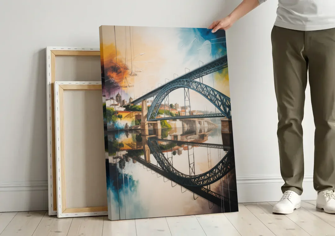 Porto Bridge Panorama canvas wall art leaning against a wall next to blank canvases