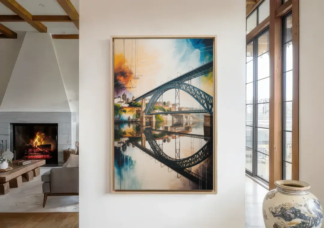 Porto Bridge Panorama canvas wall art in a living room with a fireplace
