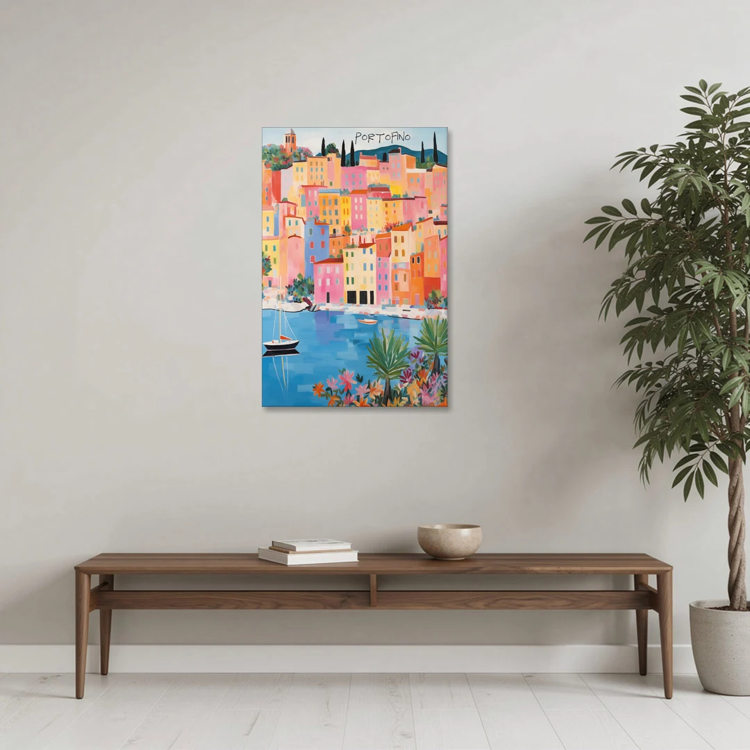 Portofino Art of Pastel Harbor Houses - Canvas Wall Art - Coffee Table - 24x36