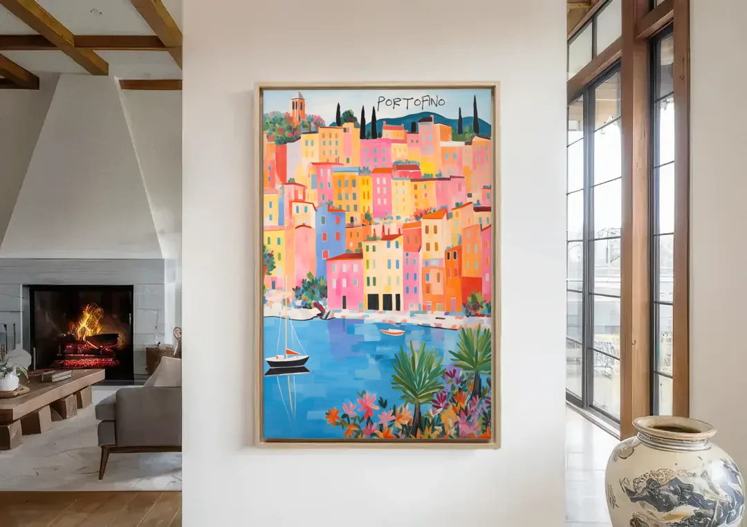 Portofino Art of Pastel Harbor Houses canvas wall art in a living room with a fireplace
