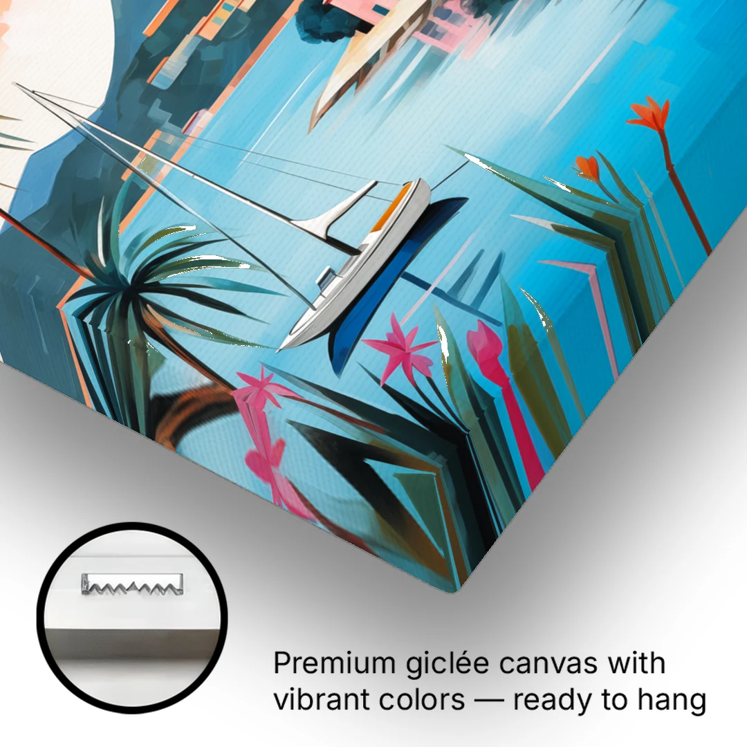 Portofino Painting with a White Sailboat - Canvas Wall Art - Gallery Wrap Corner