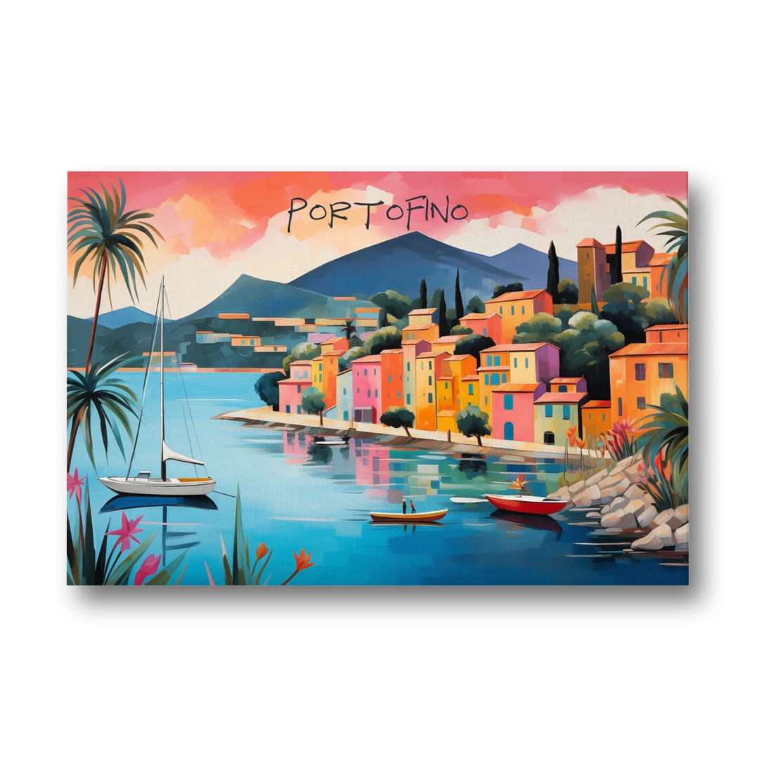 Portofino Painting with a White Sailboat - Canvas Wall Art - Front
