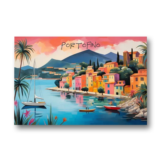 Portofino Painting with a White Sailboat - Canvas Wall Art - Front