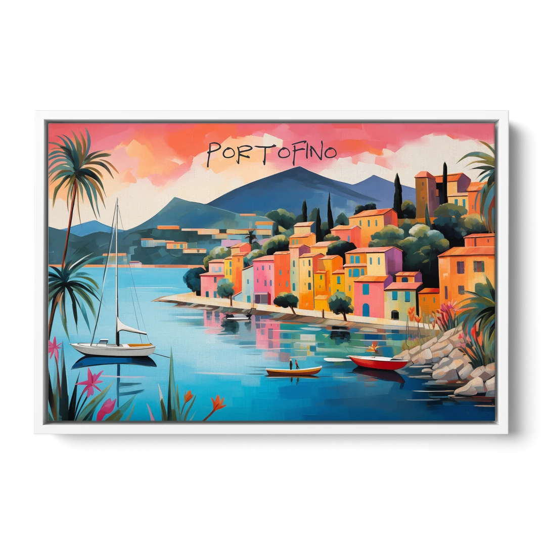 Portofino Painting with a White Sailboat - White Framed Canvas Wall Art - Front