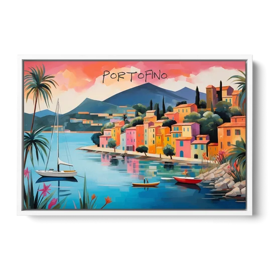 Portofino Painting with a White Sailboat - White Framed Canvas Wall Art - Front