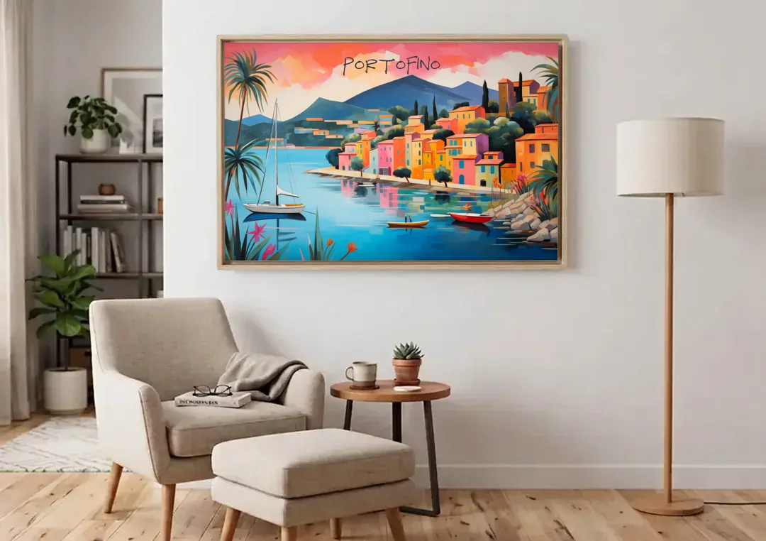 Portofino Painting with a White Sailboat canvas wall art above an armchair in a bright living room