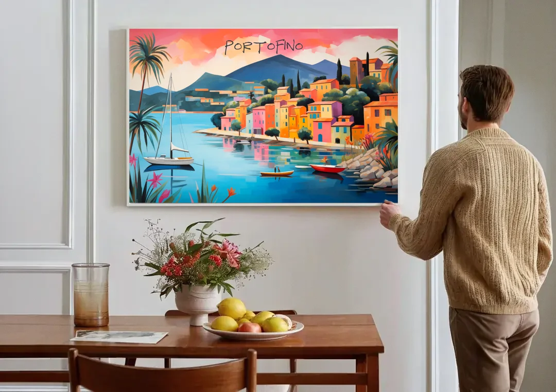 Portofino Painting with a White Sailboat canvas wall art above a dining table