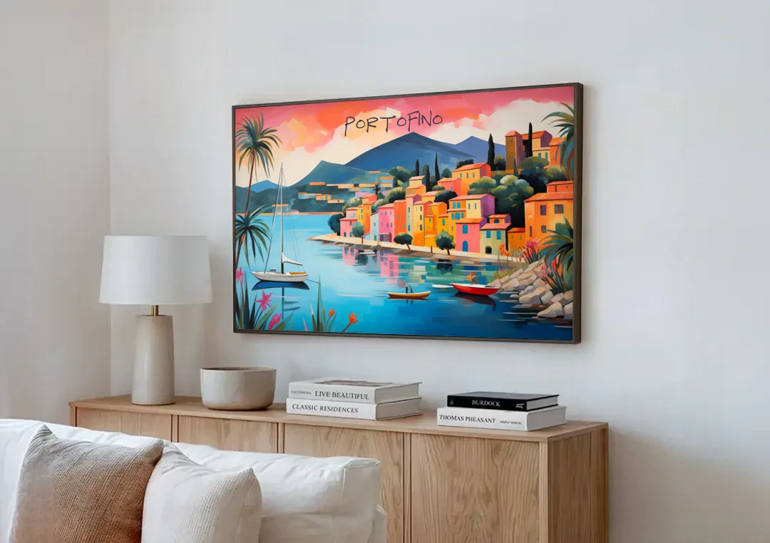 Portofino Painting with a White Sailboat canvas wall art above a wooden sideboard next to a sofa