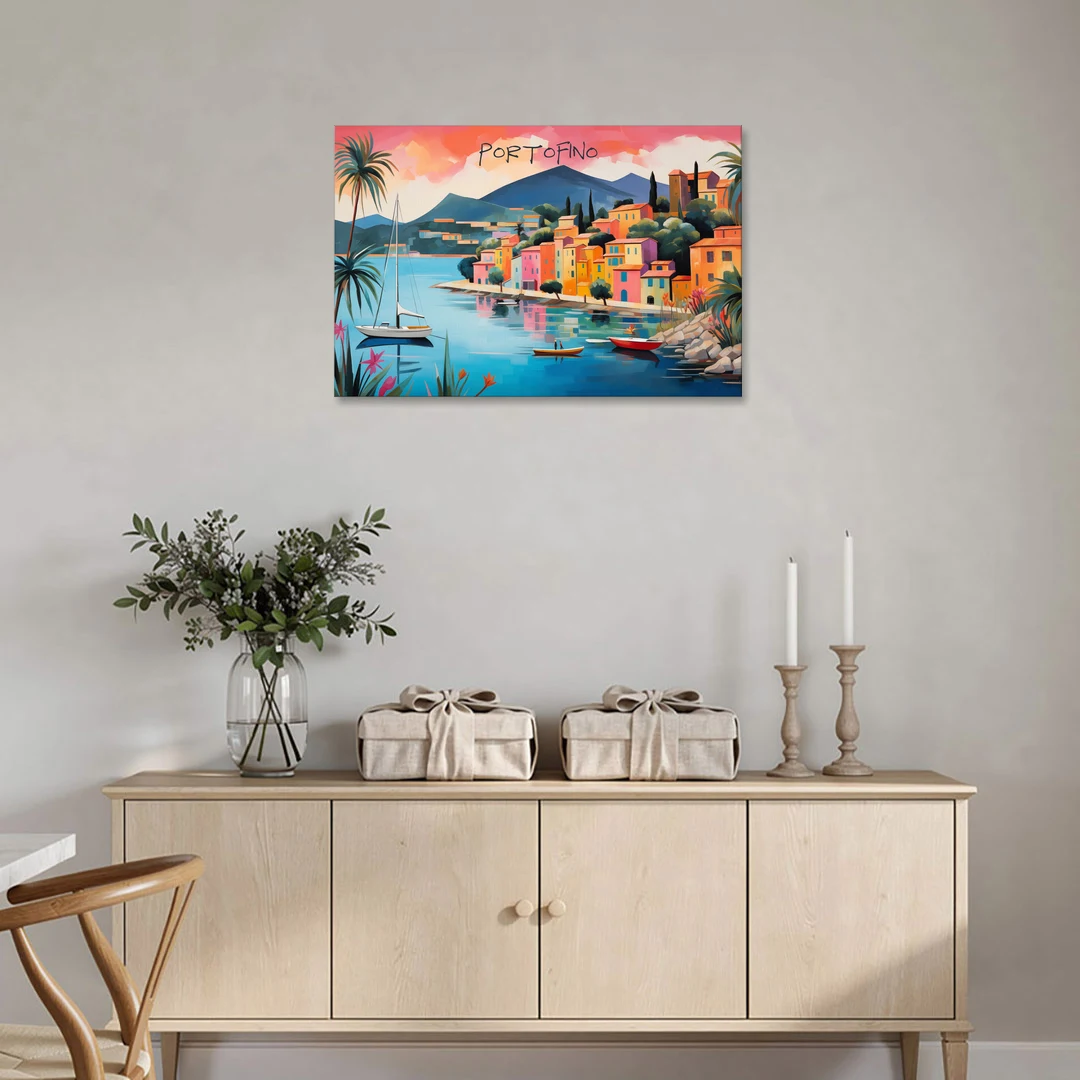 Portofino Painting with a White Sailboat - Canvas Wall Art - Coffee Table - 36x24