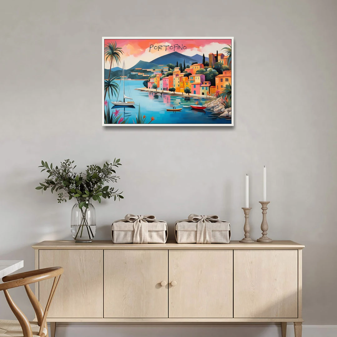 Portofino Painting with a White Sailboat - White Framed Canvas Wall Art - Coffee Table - 36x24