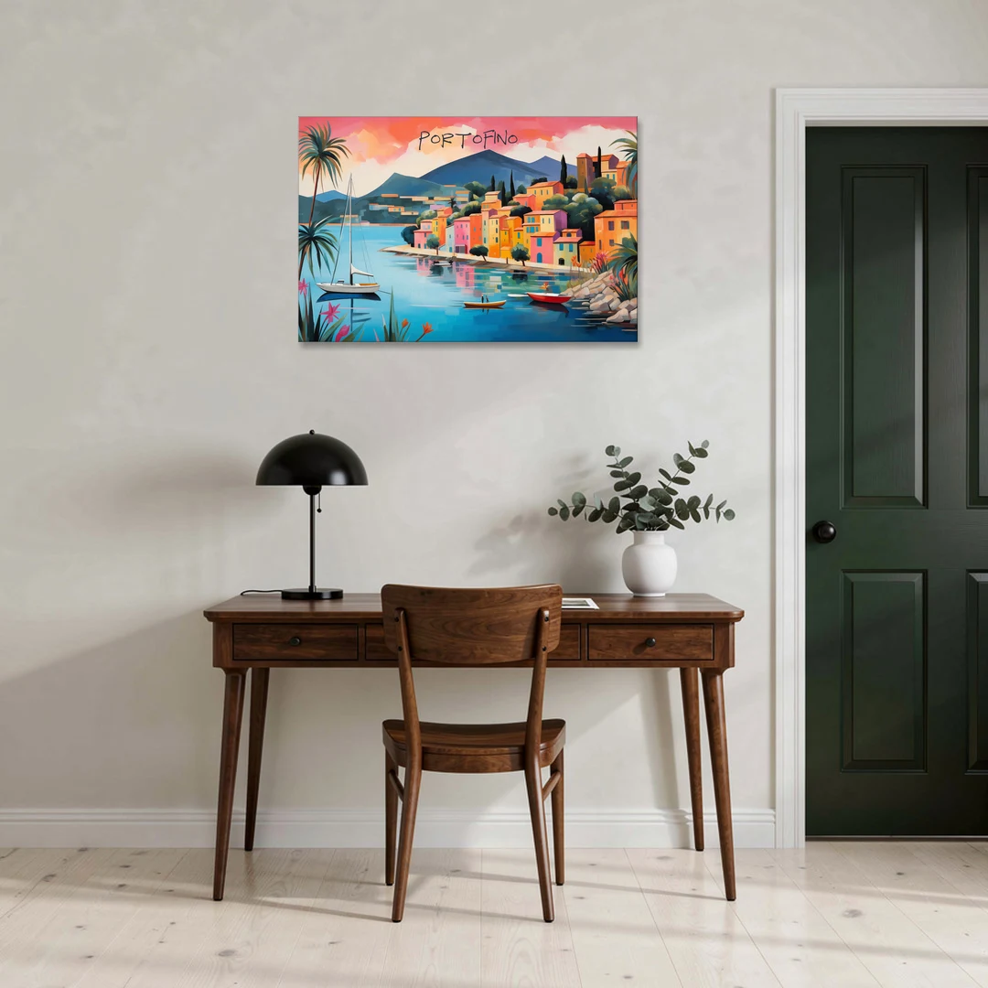 Portofino Painting with a White Sailboat - Canvas Wall Art - Office - 36x24