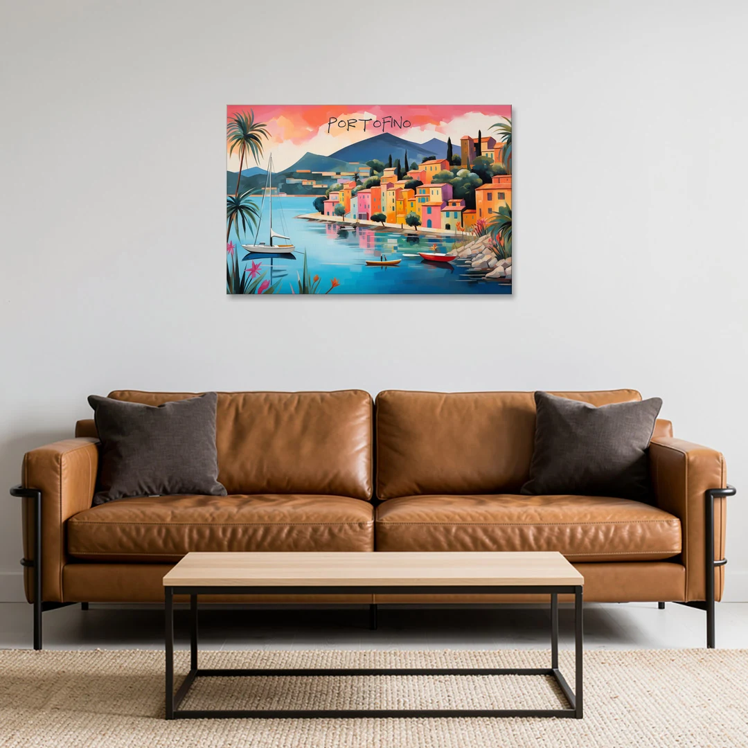 Portofino Painting with a White Sailboat - Canvas Wall Art - Sofa - 36x24