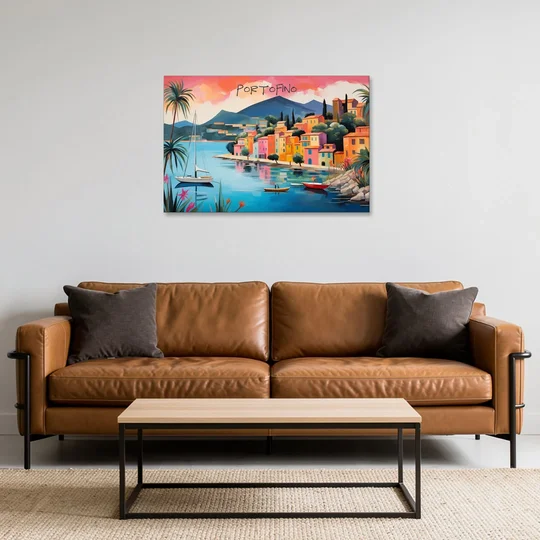Portofino Painting with a White Sailboat - Canvas Wall Art - Sofa - 36x24