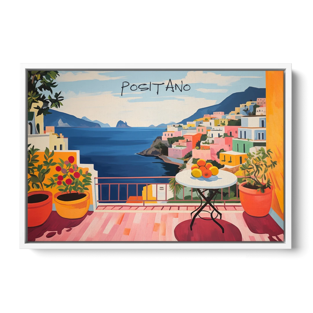 Positano Art of a Sunny Terrace - White Framed Canvas Wall Art - Front