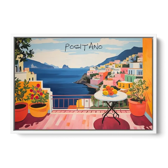 Positano Art of a Sunny Terrace - White Framed Canvas Wall Art - Front