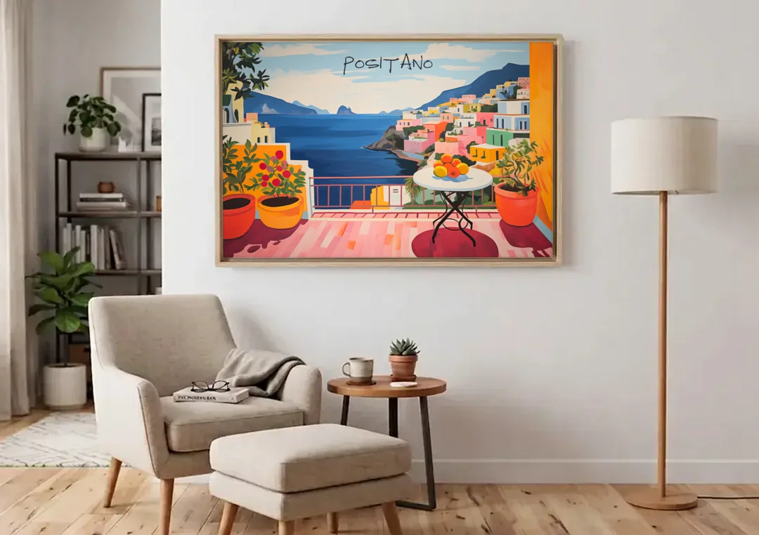 Positano Art of a Sunny Terrace canvas wall art above an armchair in a bright living room