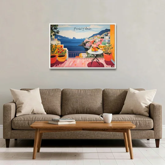 Positano Art of a Sunny Terrace - White Framed Canvas Wall Art - Sofa - 36x24