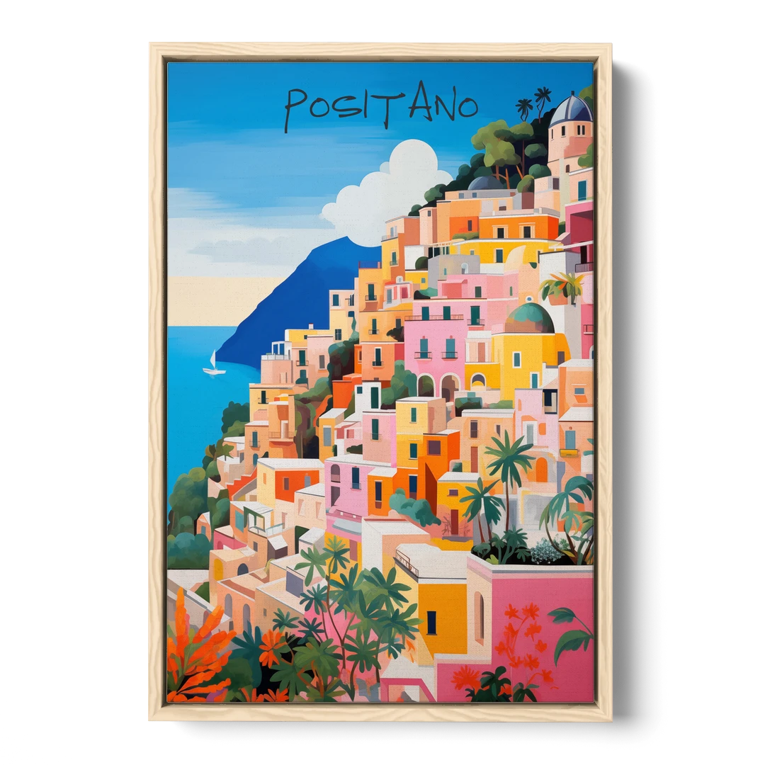 Positano Painting of Cliffside Houses - Oak Framed Canvas Wall Art - Front