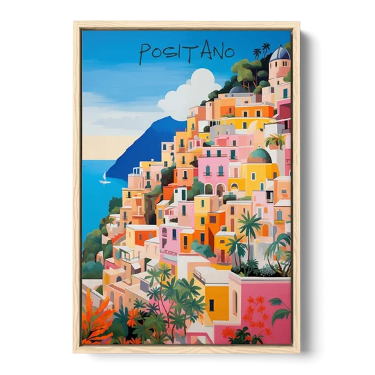 Positano Painting of Cliffside Houses - Oak Framed Canvas Wall Art - Front