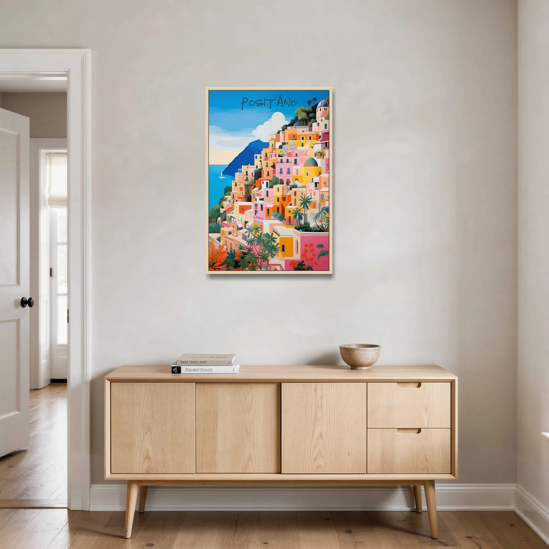 Positano Painting of Cliffside Houses - Oak Framed Canvas Wall Art - Coffee Table - 24x36
