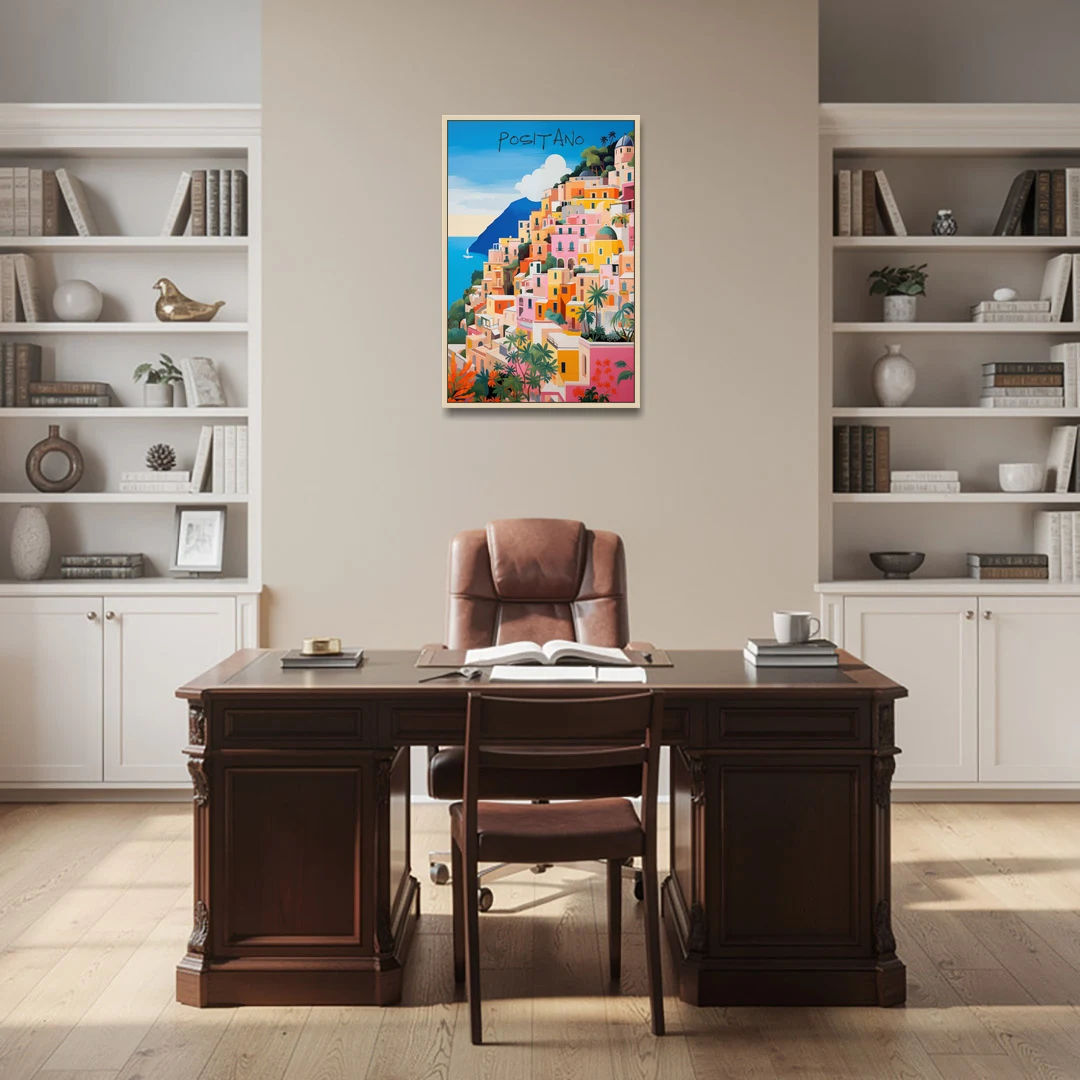 Positano Painting of Cliffside Houses - Oak Framed Canvas Wall Art - Office - 24x36