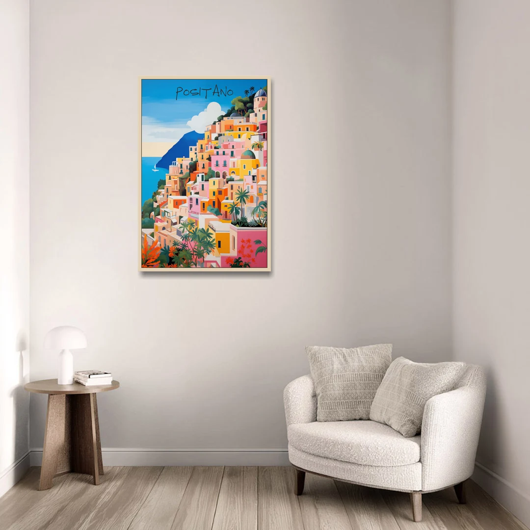 Positano Painting of Cliffside Houses - Oak Framed Canvas Wall Art - Sofa - 24x36