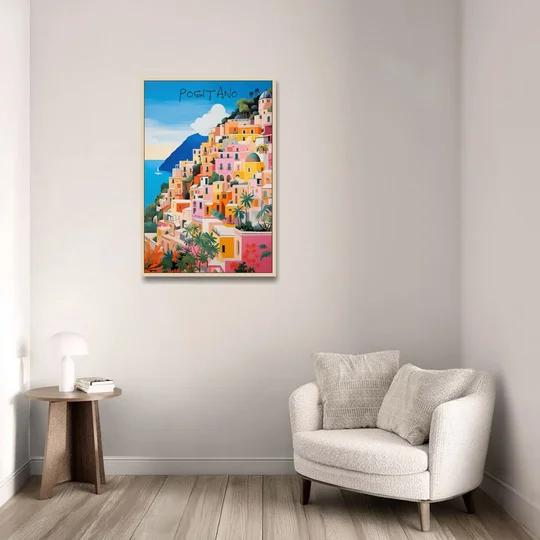 Positano Painting of Cliffside Houses - Oak Framed Canvas Wall Art - Sofa - 24x36