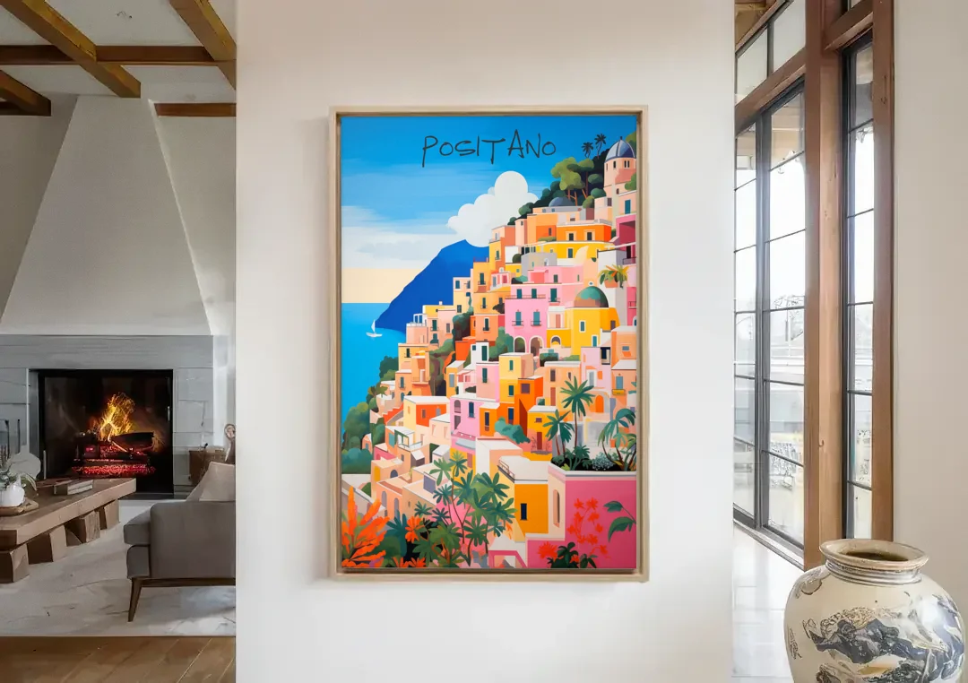 Positano Painting of Cliffside Houses canvas wall art in a living room with a fireplace