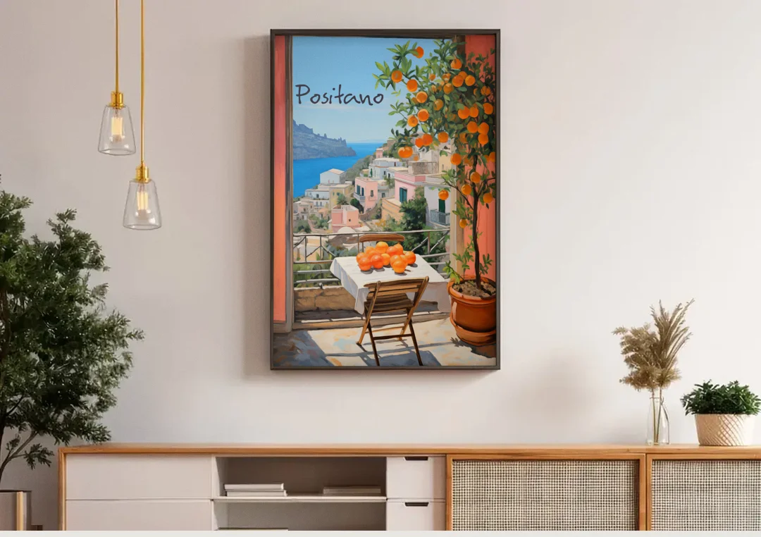 Positano Wall Art with an Orange Tree canvas wall art above a wooden sideboard under pendant lights