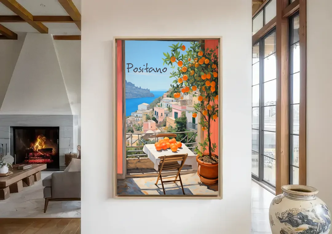 Positano Wall Art with an Orange Tree canvas wall art in a living room with a fireplace