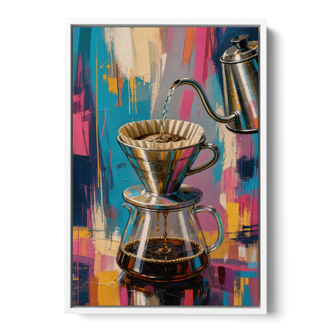 Pour-Over Coffee Ritual - White Framed Canvas Wall Art - Front