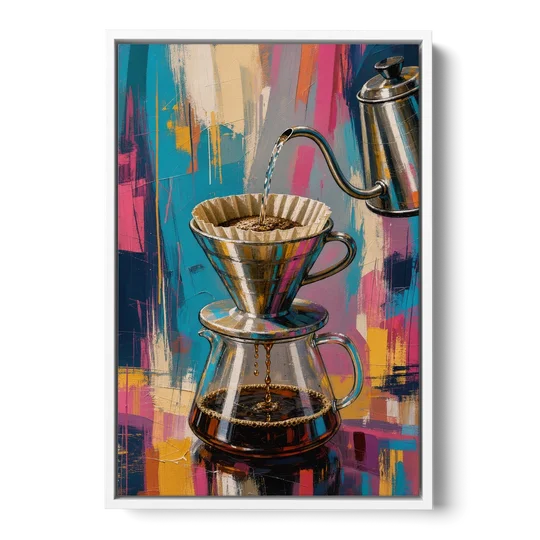 Pour-Over Coffee Ritual - White Framed Canvas Wall Art - Front
