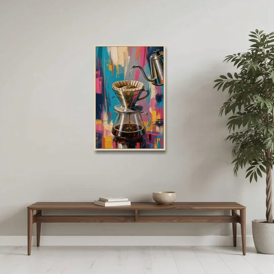 Pour-Over Coffee Ritual - Oak Framed Canvas Wall Art - Coffee Table - 24x36