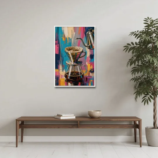 Pour-Over Coffee Ritual - White Framed Canvas Wall Art - Coffee Table - 24x36