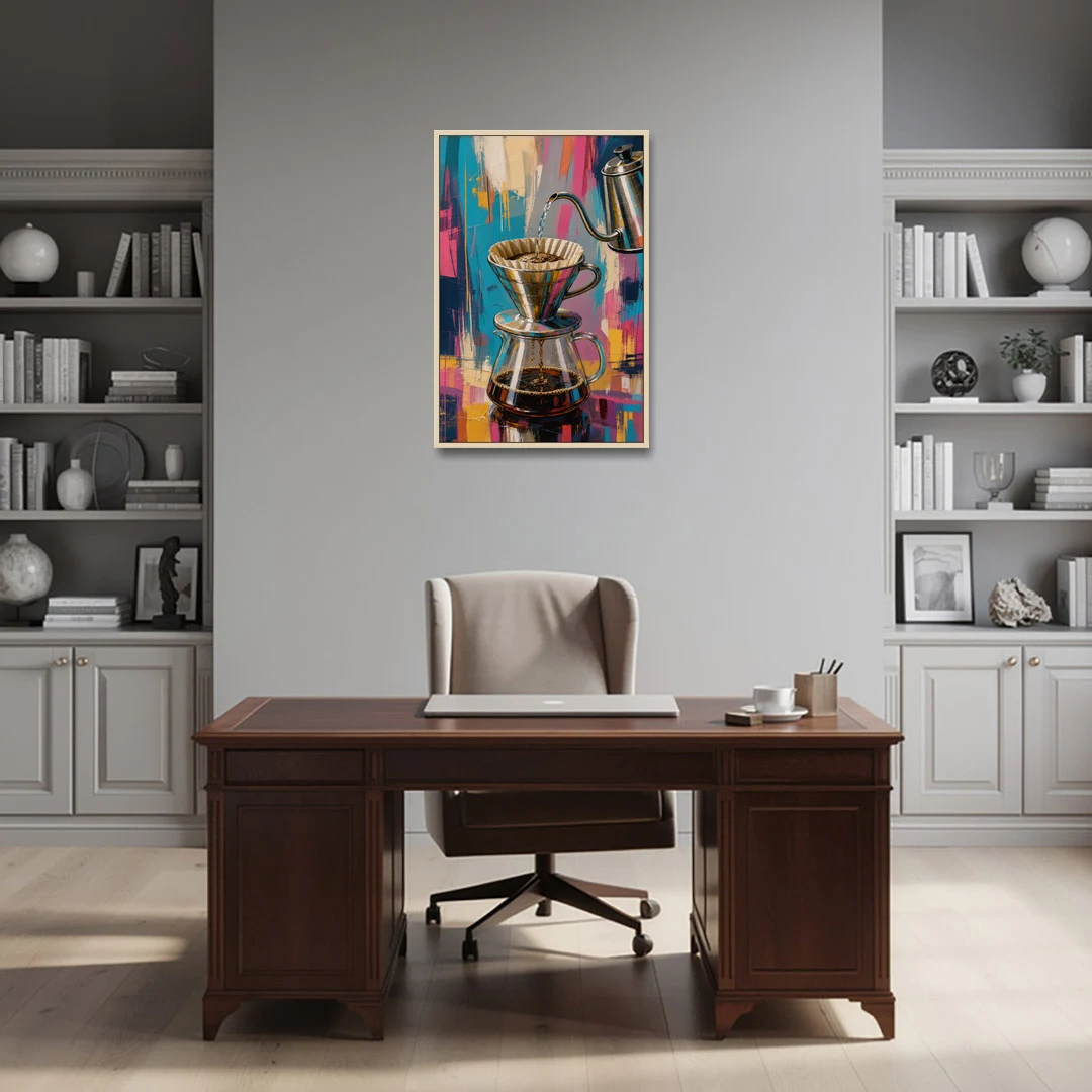 Pour-Over Coffee Ritual - Oak Framed Canvas Wall Art - Office - 24x36