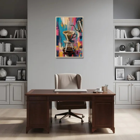 Pour-Over Coffee Ritual - Oak Framed Canvas Wall Art - Office - 24x36