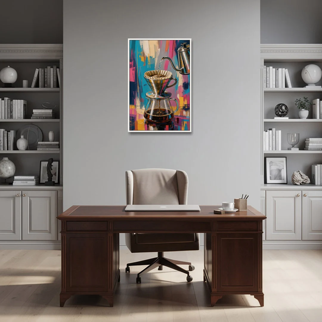 Pour-Over Coffee Ritual - White Framed Canvas Wall Art - Office - 24x36