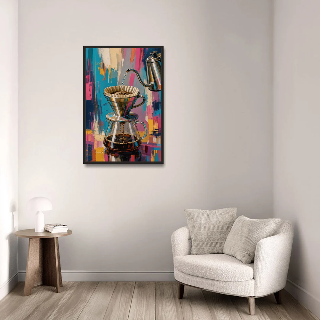 Pour-Over Coffee Ritual - Black Framed Canvas Wall Art - Sofa - 24x36