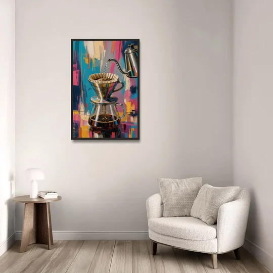 Pour-Over Coffee Ritual - Black Framed Canvas Wall Art - Sofa - 24x36