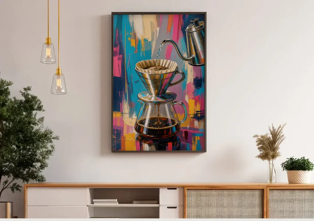 Pour-Over Coffee Ritual canvas wall art above a wooden sideboard under pendant lights