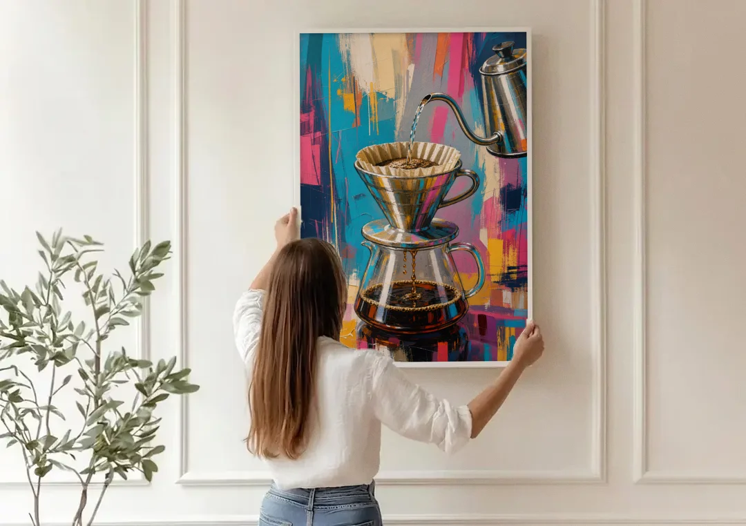 Pour-Over Coffee Ritual canvas wall art being hung on a paneled wall