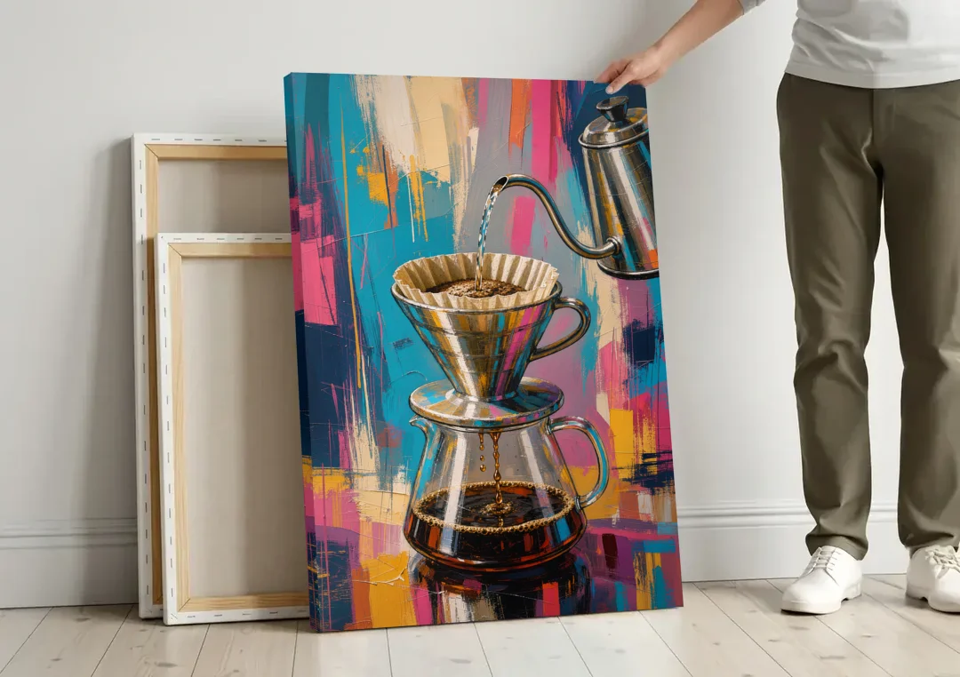 Pour-Over Coffee Ritual canvas wall art leaning against a wall next to blank canvases