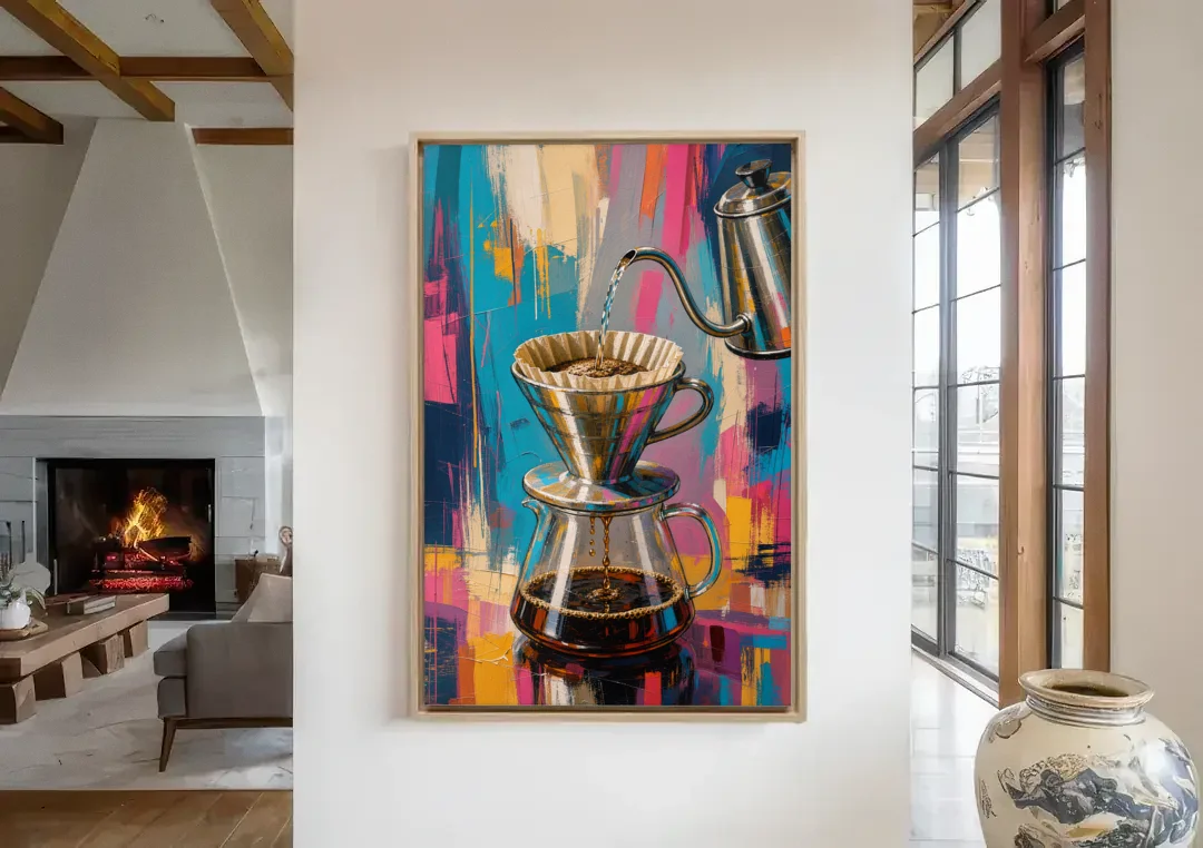 Pour-Over Coffee Ritual canvas wall art in a living room with a fireplace