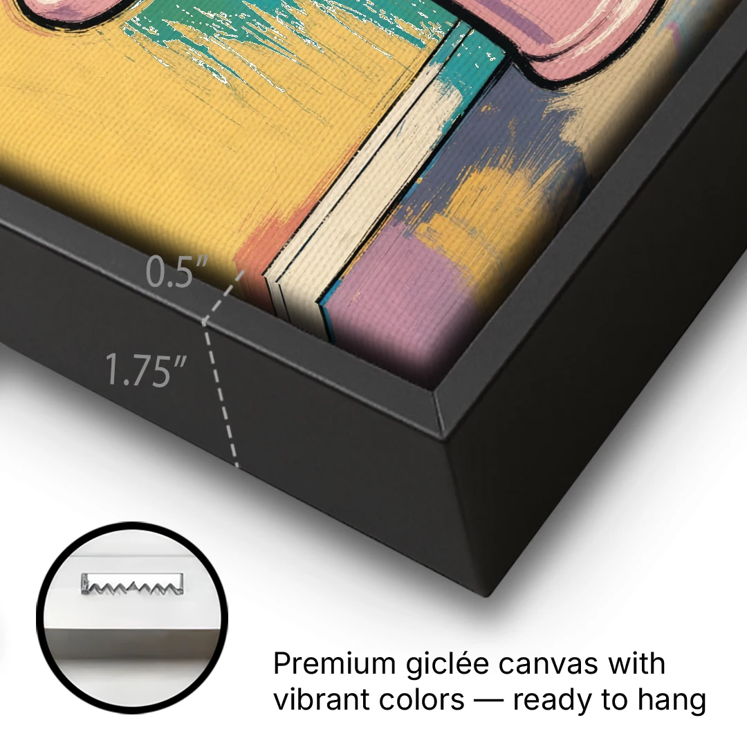 Powder Room Decor with a Pink Pedestal Sink - Black Framed Canvas Wall Art - Gallery Wrap Corner