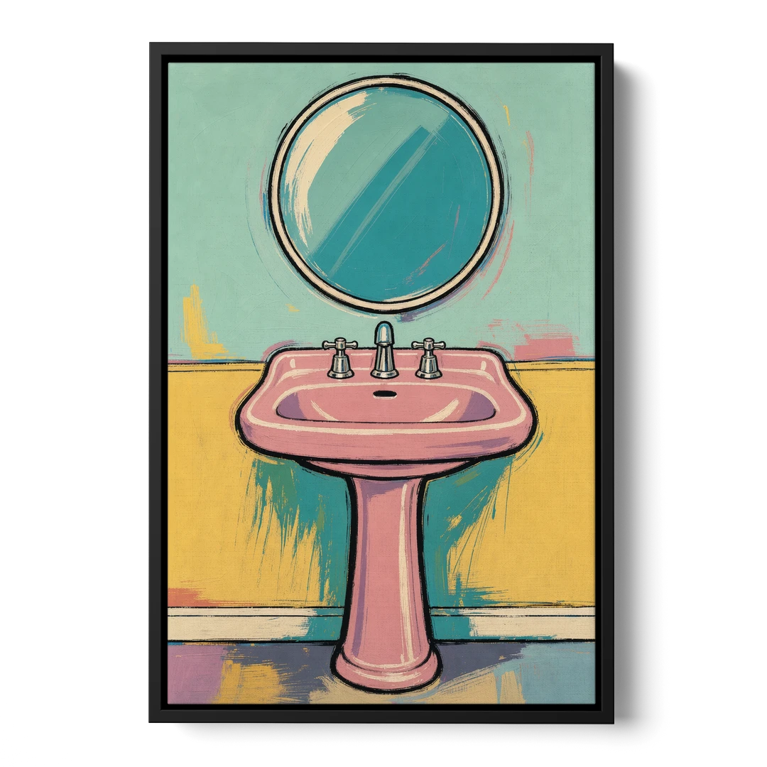 Powder Room Decor with a Pink Pedestal Sink - Black Framed Canvas Wall Art - Front
