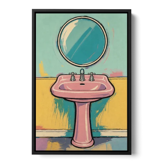 Powder Room Decor with a Pink Pedestal Sink - Black Framed Canvas Wall Art - Front