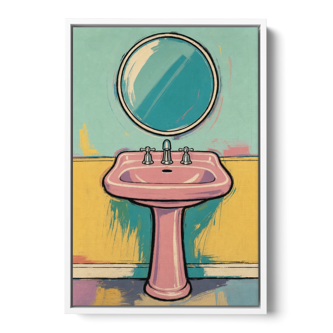 Powder Room Decor with a Pink Pedestal Sink - White Framed Canvas Wall Art - Front