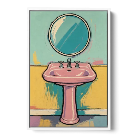 Powder Room Decor with a Pink Pedestal Sink - White Framed Canvas Wall Art - Front