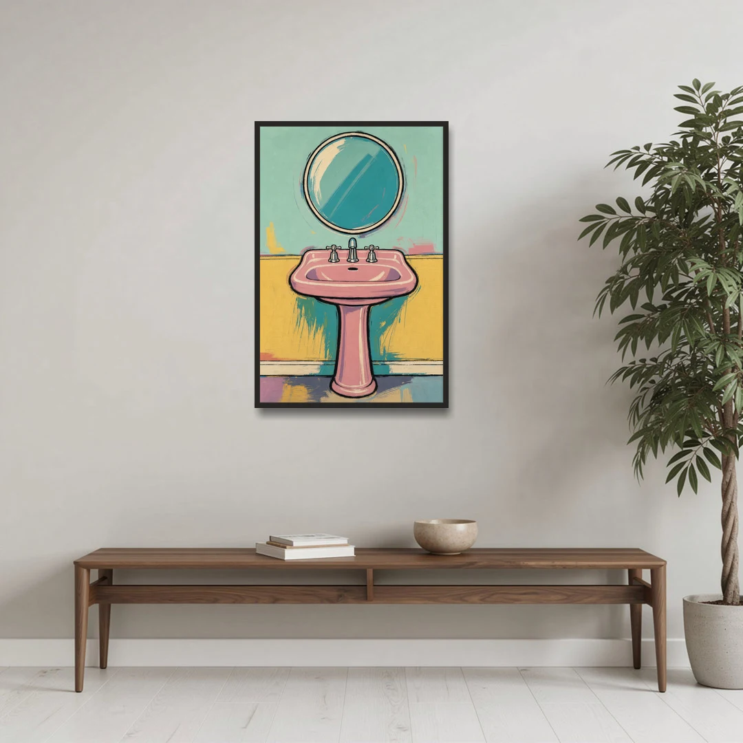 Powder Room Decor with a Pink Pedestal Sink - Black Framed Canvas Wall Art - Coffee Table - 24x36