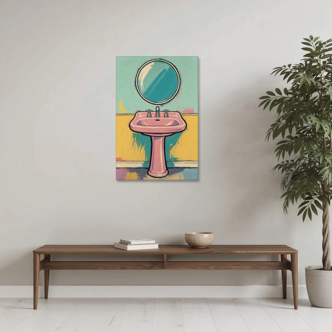 Powder Room Decor with a Pink Pedestal Sink - Canvas Wall Art - Coffee Table - 24x36
